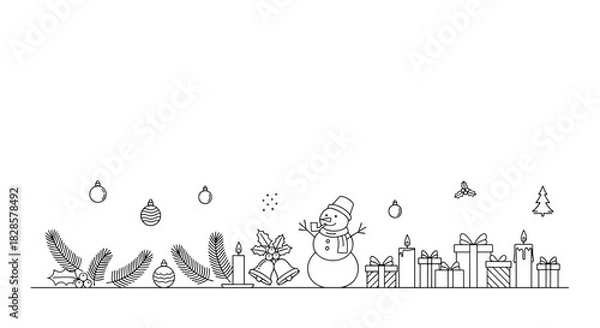 Obraz Minimalist Christmas and winter holiday line art illustration with a snowman, wrapped gifts, burning candles, hanging ornaments, and natural greenery elements.