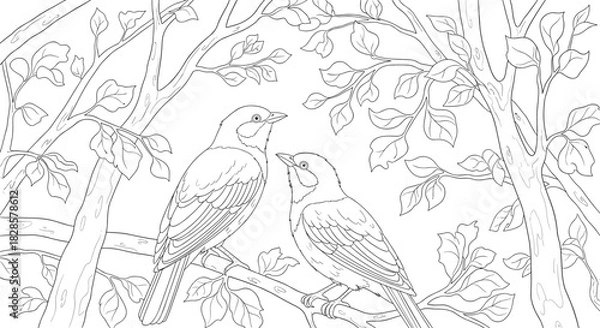 Obraz Two charming birds perched on a leafy tree branch, depicted in a detailed black and white line art style, perfect for a nature-themed coloring book.