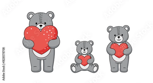 Obraz An illustration of three adorable gray teddy bears of various sizes, each holding a red heart with white polka dots, symbolizing love and affection.