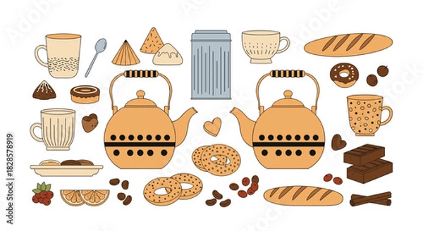 Obraz A delightful collection of breakfast and tea time elements featuring teapots, mugs, baked goods, and sweet treats.
