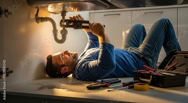 Fototapeta Man lying under sink repairing leaky pipe with wrench in kitchen fixing plumbing problem with tools and water dripping on his face