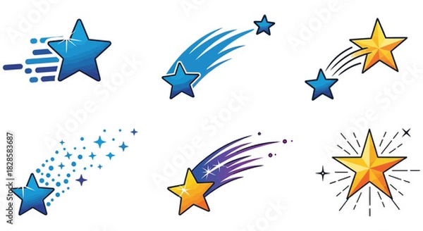 Fototapeta Collection of stylized star icons and shooting star designs on a black background for graphic design and creative projects perfectly sized