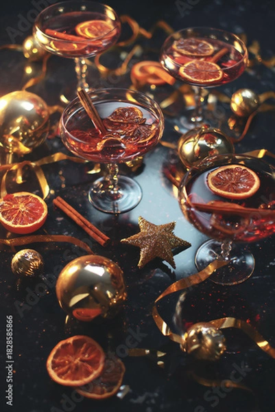 Fototapeta Decorative holiday cocktails with slices of citrus fruits, gold ornaments, and festive decorations on a dark surface, creating a celebratory atmosphere. Christmas and New Year  party