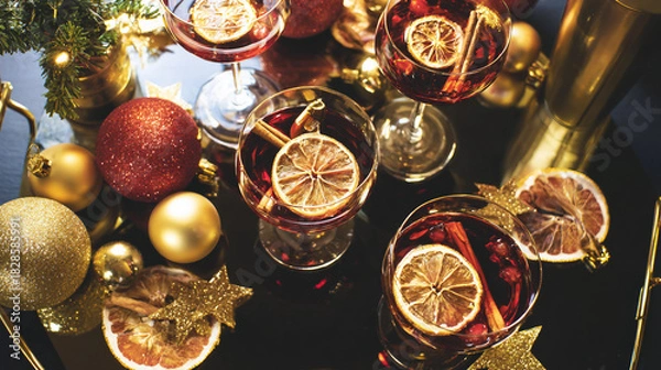 Fototapeta Festive holiday drinks with garnishes, surrounded by colorful ornaments on a table, creating a joyful celebration atmosphere. Christmas and New Year background