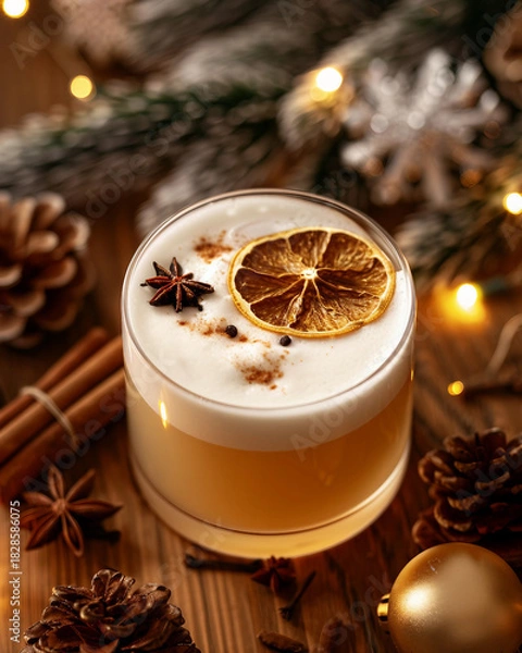 Fototapeta Festive cocktail featuring a dried orange slice, star anise, and cinnamon on a wooden surface, surrounded by pine cones and holiday decorations.