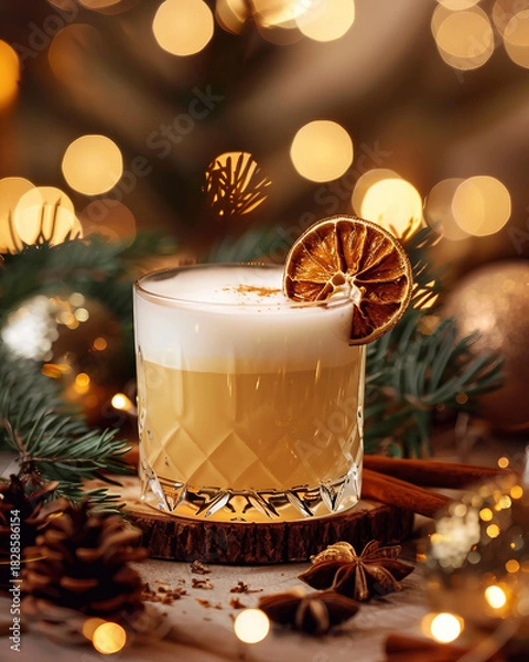 Fototapeta A festive cocktail garnished with a dried orange slice, surrounded by pine cones and holiday lights, perfect for celebrations and winter gatherings.