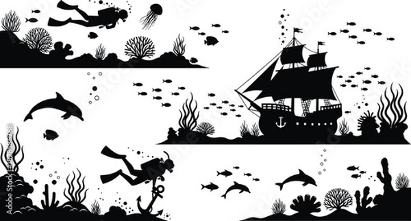 Obraz Underwater silhouette set featuring scuba divers, dolphins, coral reefs, and a sunken pirate ship, illustrating ocean adventure and marine life vectors.