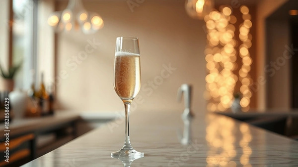 Fototapeta Sparkling champagne in a flute glass on a marble counter, with a softly lit background creating an elegant atmosphere, perfect for celebrations. Christmas and New Year party