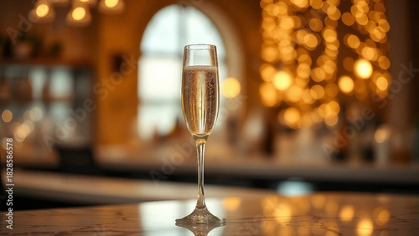Fototapeta Sparkling champagne in a flute glass on a marble counter, with a softly lit background creating an elegant atmosphere, perfect for celebrations. Christmas and New Year celebration