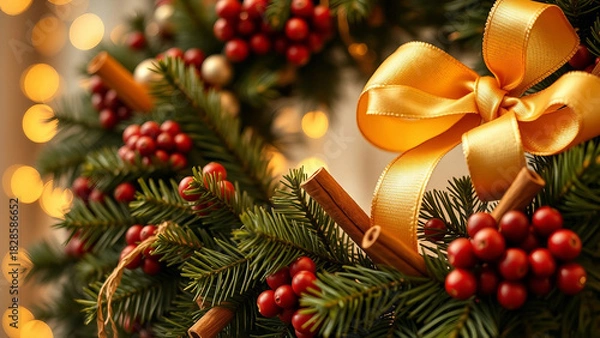 Fototapeta Festive Christmas wreath adorned with red berries, cinnamon sticks, and a golden bow, with soft bokeh lights in the background creating a warm holiday atmosphere.