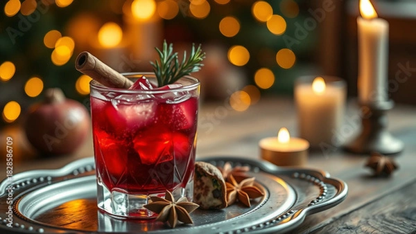 Fototapeta Close-up of a festive red cocktail garnished with herbs, placed on a silver platter with candles and a blurred holiday background. New Year and Christmas cocktail