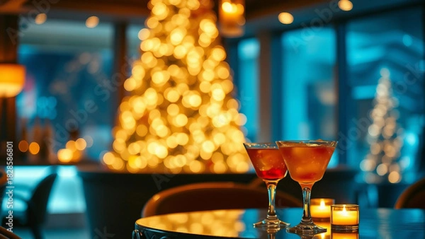 Fototapeta A festive holiday scene featuring two cocktails on a table, with a beautifully lit Christmas tree in the background, creating a warm and inviting atmosphere.