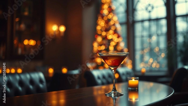 Fototapeta Elegant cocktail glass on a bar table, softly lit by candlelight. A beautifully decorated Christmas tree is visible in the background, creating a festive atmosphere. New Year and Christmas dinner