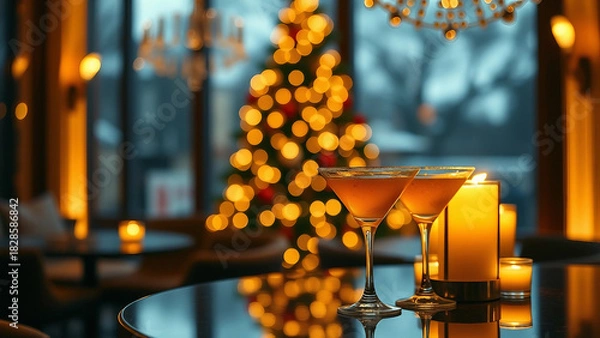 Fototapeta Elegant holiday scene featuring cocktails, warm ambiance, and a decorated Christmas tree, creating a festive mood in a cozy setting. New Year and Christmas party