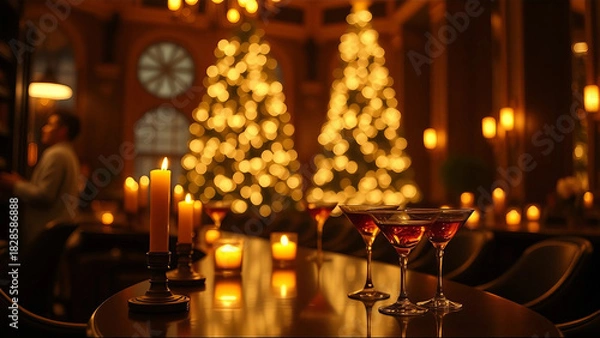 Fototapeta Festive Christmas atmosphere with decorated trees, candles, and cocktails in a cozy bar setting, capturing holiday spirit and ambiance. New Year and Christmas party