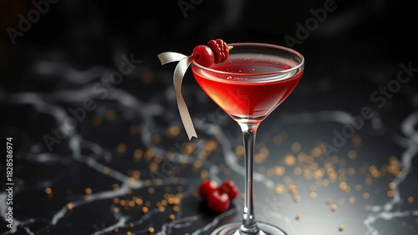 Fototapeta A close-up of a vibrant cocktail garnished with cherries and a ribbon, set on a black marble surface, ideal for bar or beverage themes. New Year and Christmas cocktail