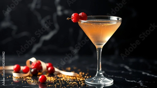 Fototapeta Elegant cocktail garnished with cherries, served in a stylish glass on a dark marble surface, ideal for party and celebration themes. New Year and Christmas cocktail