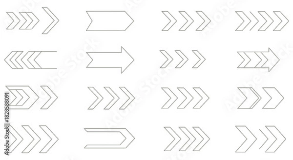 Fototapeta Collection of sixteen unique arrow designs pointing right on a black background for graphic design and wayfinding applications perfectly
