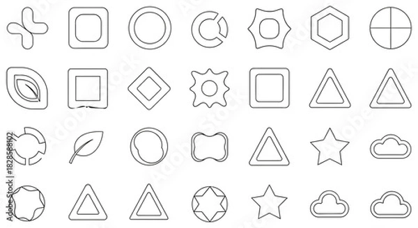 Fototapeta Collection of varied outlined geometric shapes arranged on a dark background creating a pattern for design and educational purposes