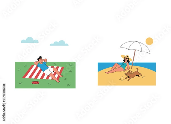 Fototapeta A flat vector illustration depicts a man and a woman relaxing outdoors on a summer weekend, lying on a blanket on the grass and enjoying peaceful leisure time in nature