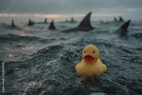 Obraz Rubber duck in the water among sharks. Generative AI