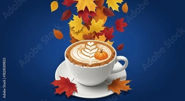 Fototapeta Festive fall latte art with pumpkin spice and falling leaves on a dark blue background perfect for autumn celebrations and cozy vibes