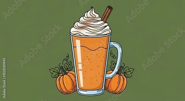 Fototapeta Delicious pumpkin spice latte with whipped cream and cinnamon stick surrounded by pumpkins on a cozy autumn day background illustration