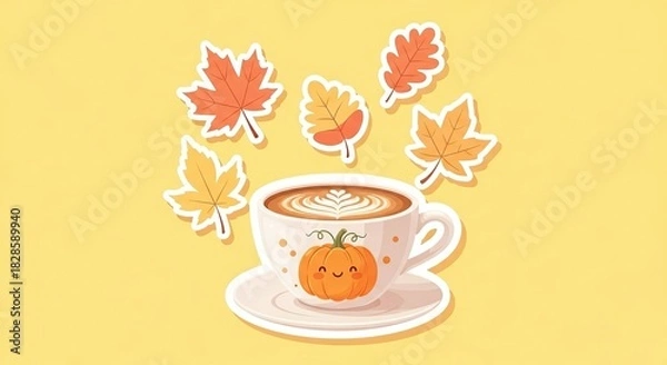 Fototapeta Autumn latte art with pumpkin spice and fall leaves on a yellow background for seasonal cheer and cozy vibes perfect for autumn lovers