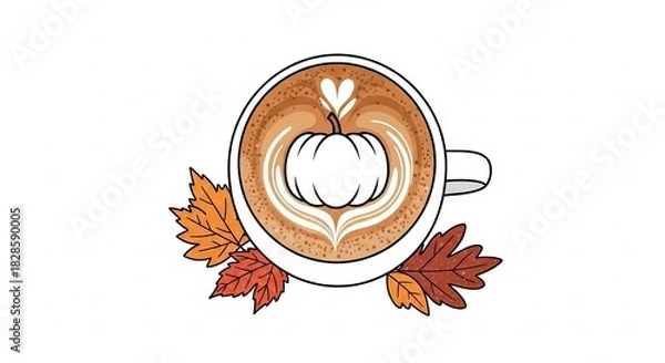 Fototapeta Pumpkin spice latte art in a white cup with autumn leaves on a white background perfect for fall themed designs and seasonal promotions