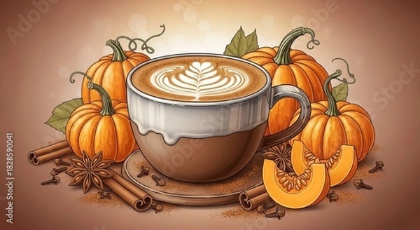 Fototapeta Cozy autumn vibes with pumpkin spice latte cinnamon sticks and pumpkins creating a warm seasonal atmosphere for fall lovers