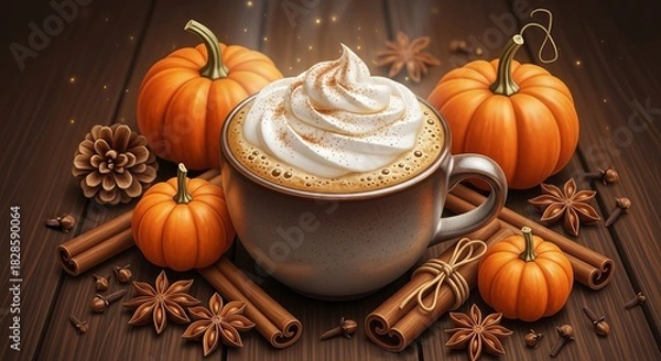Fototapeta Cozy autumn scene featuring a pumpkin spice latte with whipped cream and cinnamon sticks on a rustic wooden table setting