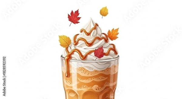 Fototapeta Delicious pumpkin spice latte with whipped cream and caramel drizzle for a cozy autumn treat on a white background