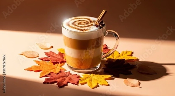 Fototapeta Autumnal pumpkin spice latte with cinnamon stick and fall leaves on a warm background creating a cozy seasonal atmosphere