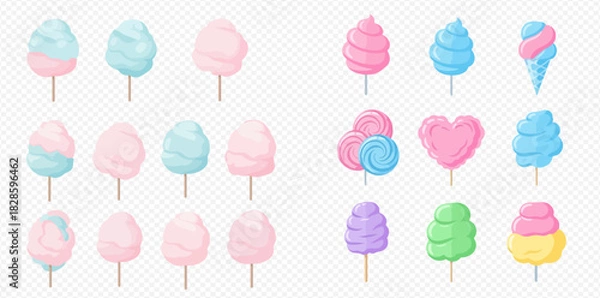 Fototapeta A collection of colorful cotton candy illustrations in various shapes and sizes, including pink, blue, purple, green, and yellow, on sticks.