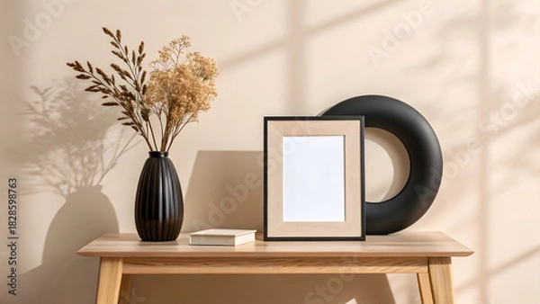Fototapeta Minimal decor table with blank frame black vase and natural dried plants
