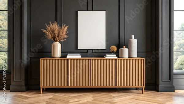 Fototapeta Elegant interior with wooden sideboard blank frame and modern decorative objects

