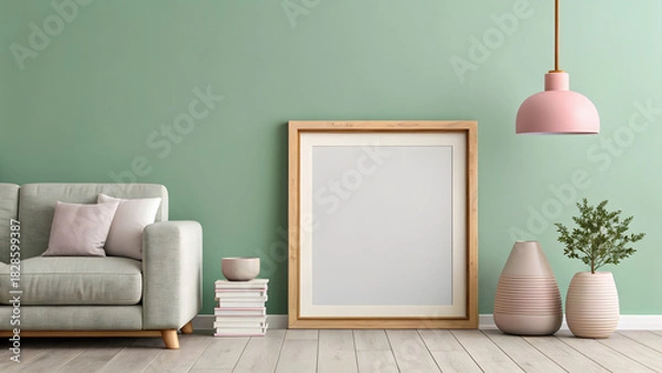 Fototapeta Minimal living room interior with empty wooden frame pastel decor and soft lighting
