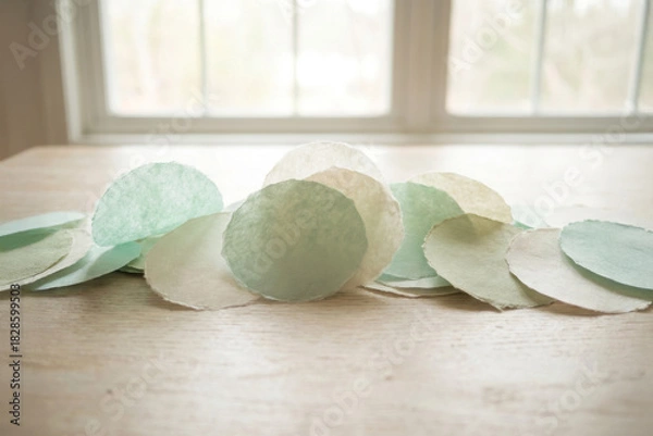 Fototapeta Pastel Paper Circles on Wooden Table