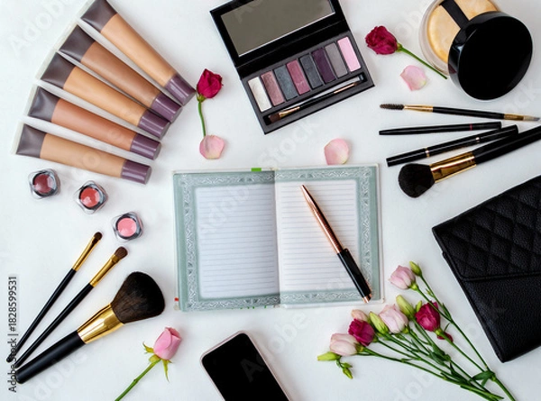 Obraz Cosmetics and accessories arranged on a white surface.