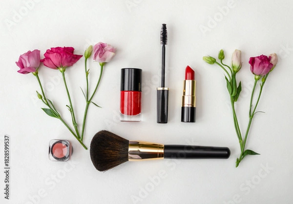 Obraz Colorful cosmetics arranged with fresh flowers on a neutral background.