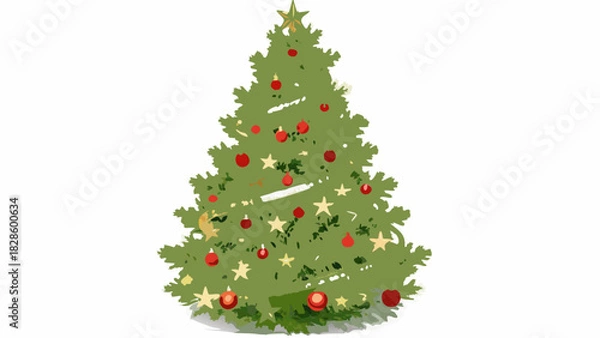 Fototapeta A festive green christmas tree adorned with red ornaments and golden stars ready to bring holiday cheer