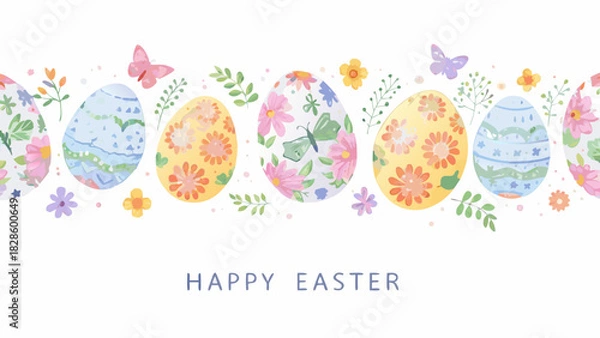 Fototapeta Whimsical watercolor easter eggs and butterflies border with happy easter greeting