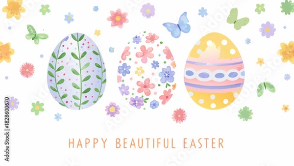 Fototapeta Whimsical watercolor easter eggs and butterflies adorned with delicate flowers and a cheerful greeting
