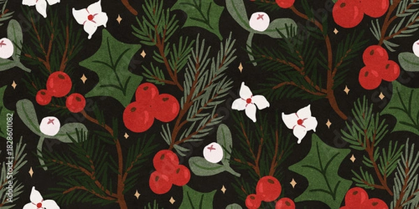 Obraz Christmas seamless pattern with red berries