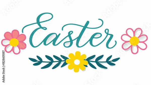 Fototapeta Joyful easter greeting with whimsical floral accents and elegant teal calligraphy on a clean white background