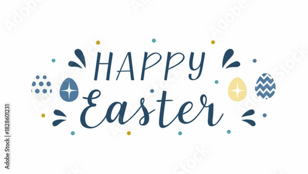 Fototapeta Festive happy easter greeting with decorative eggs and playful confetti in a charming blue and yellow color palette