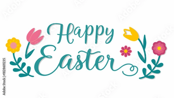 Fototapeta Happy easter greeting with colorful spring flowers and decorative foliage on a white background