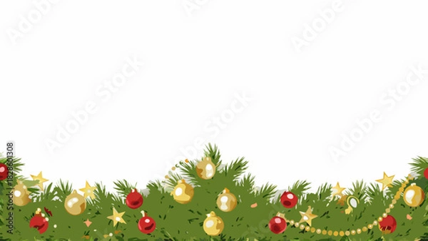 Fototapeta Festive christmas garland border with evergreen branches red and gold ornaments and sparkling stars on a white background