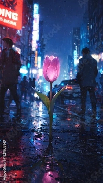 Obraz A lone tulip blooms vibrantly in the neon-lit urban night, reflecting its light on wet city streets