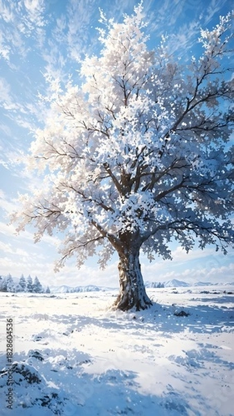Obraz A majestic snow-covered tree stands alone in a sunlit winter wonderland landscape
